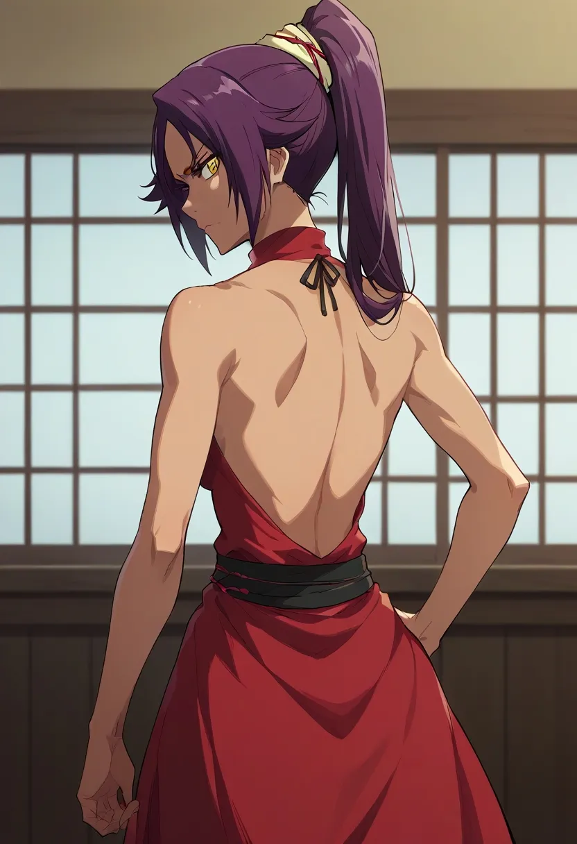 1girl, shihouin yoruichi, bleach, from back, looking back, red dress, sleeveless dress, indoors, glare, upper body, nape, bare back, closeup, 