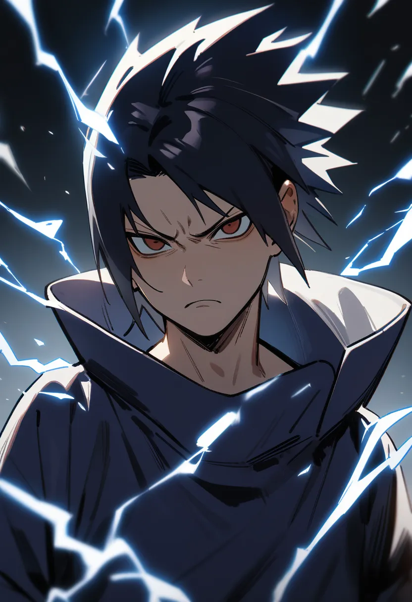 1boy, male focus, uchiha sasuke, naruto (series), sharingan, upper body, closeup, angry, frown, electricity, energy,