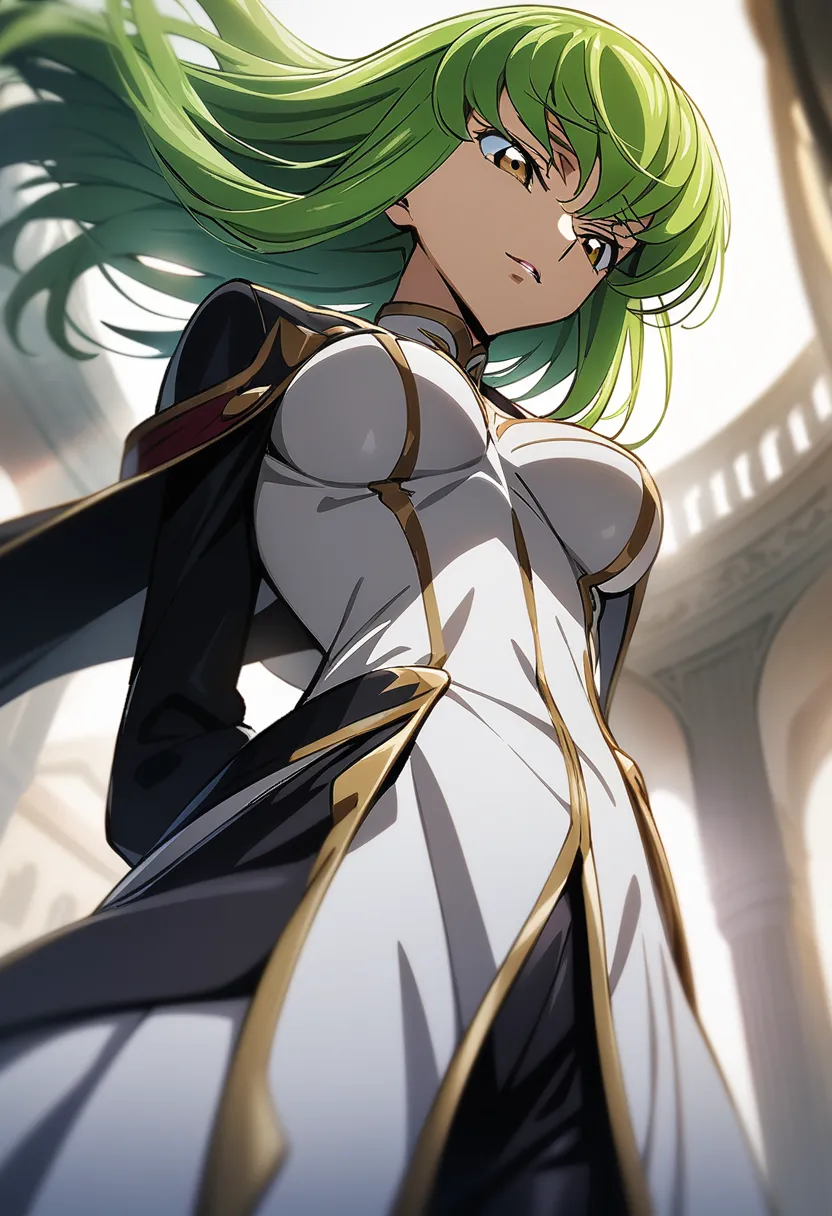1girl, solo, c.c, code geass, wind, looking down,  intricate details, from below, seductive smile, medium breasts, arms behind back